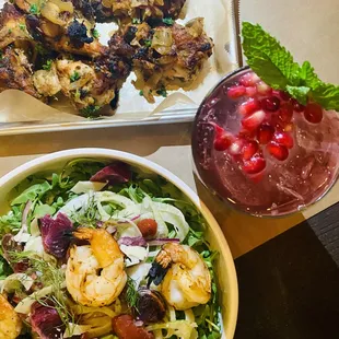 Fennel salad with shrimp and a pomegranate mojito