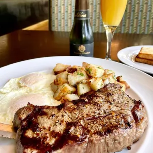 steak, eggs, and toast