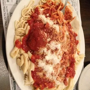 Mixed pasta platter. Spaghetti, meatball, cavatappi, lasagna, meat and cheese ravioli