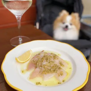 Sicilian Sashimi w/ preserved lemon, capers, red onion | $20 (Vesper Martini w/ hendricks - $18)