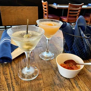 Grey Goose Dirty Martini for me, Peach Martini for my girl and warm fresh baked bread with bruschetta spread for both.