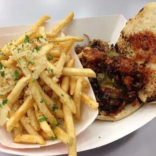 Pulled Pork Sandwich and Garlic Parmesan Fries