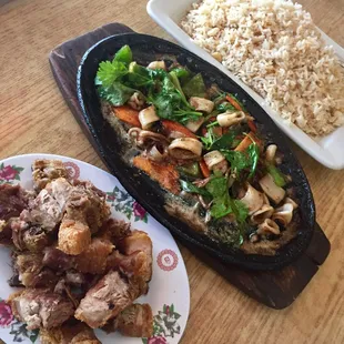 lechon kawali, sizzling sisig, garlic rice