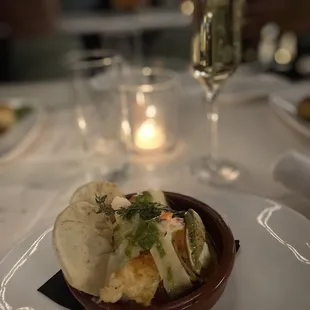 garlic tiger prawns with pita and complimentary bubbly.
