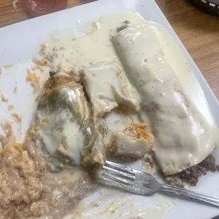 Burrito, tamale, chile relleno with rice and beans