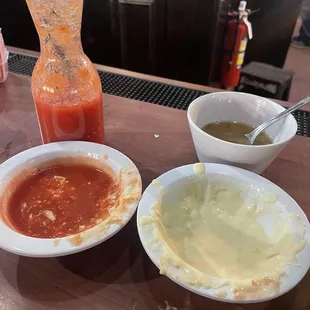 Salsa, queso, and pinto beans to start