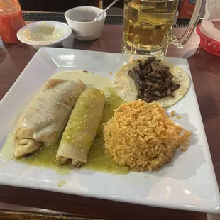 The 3 jockeys.  Chimichanga with beef tips, shrimp enchilada with tomatillo sauce, street taco with steak, and rice.