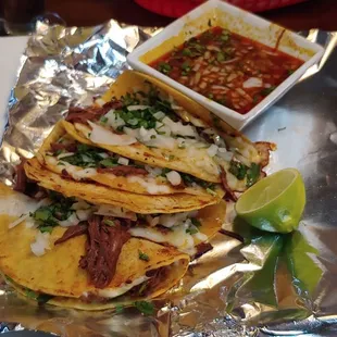 Birrias Tacos- Excellent, like beef pot roast, slow cooked in a beef and chilli sauce