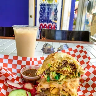 Off-the-menu Breakfast Burrito: huevos, carne asada, aguacate. Horchata... So delicious!