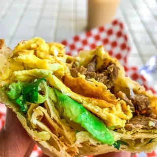 Off-the-menu Breakfast Burrito: huevos, carne asada, aguacate. Every bite an explosion in my mouth!