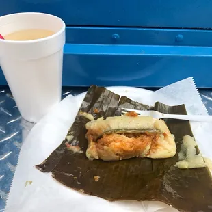 Salvadoreño tamales &amp; Marañon fruit beverage.