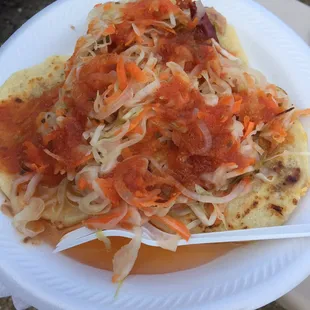 Pupusas de Revueltas with Cabbage, Tomato Salsa, and Red Onion! The Cabbage and Salsa had a little kick to it and tasted delicious!
