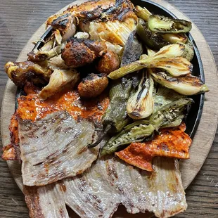 a plate of food on a wooden table