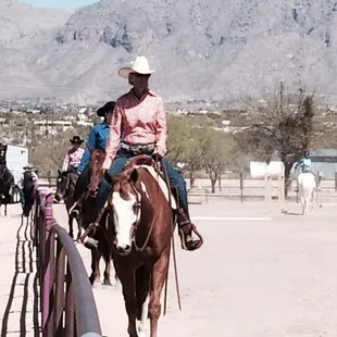Sheryl schooling one of her adult students gelding at a local show