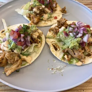 Chicken tacos with flour tortillas, soooo good!!