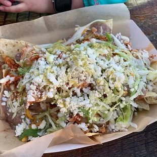 Chicken nachos-a lot of beans that were a bit cold