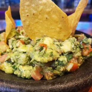 Close up pf chunky guacamole . It's really excellent!