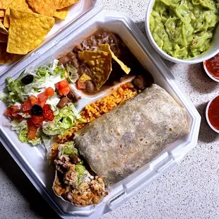 super burrito plate + chips + guacamole - cilantro's mexican restaurant (delivered by doordash) -sacramento