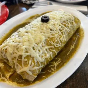 Wet Burrito with green sauce.