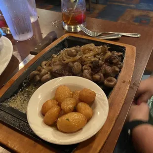 Flat iron steak with mushrooms and Italian new potatoes