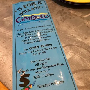 $5 breakfast--$7 with coffee