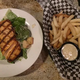 Caesar Salad with Salmon + Side of Garlic Fries.