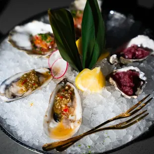 Oysters with anchovy chili sauce and red wine mignonette.