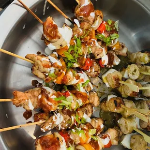 Chicken Fajita and Hatch Chile Sausage Skewers