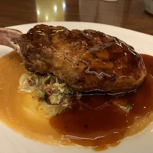 Pork Chop with Bourbon BBQ Sauce over a Brussel Sprout Hash and Sweet Potato Purée