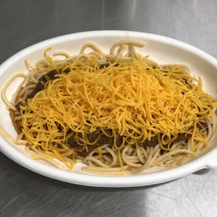 Cincinnati Chili Company 3-Way chili with spaghetti, chili and finely shredded Wisconsin cheddar.