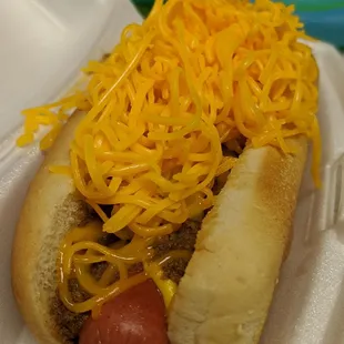a hot dog covered in cheese