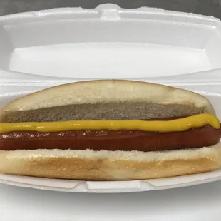 Cincinnati Chili Company all beef hot dog with a line of mustard on a steamed bun.