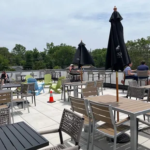 a patio with tables and umbrellas