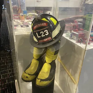 helmet and boots on display