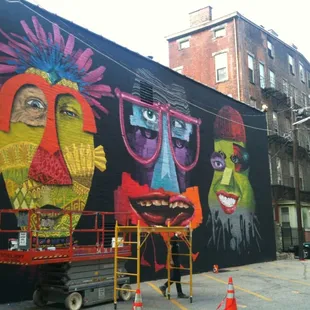 Progress on the new Mural at the Know Theatre. Cincinnati Fringe Festival 2013.