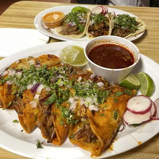 Birria Tacos with Consommé and 3 Tacos (Al pastor, Asada, Carnitas)