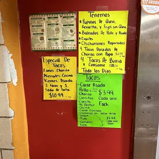 Menu posted on the wall