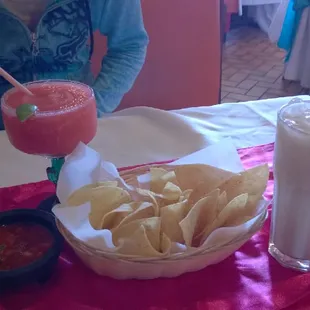 Strawberry margarita, horchata, and chips &apos;n salsa.