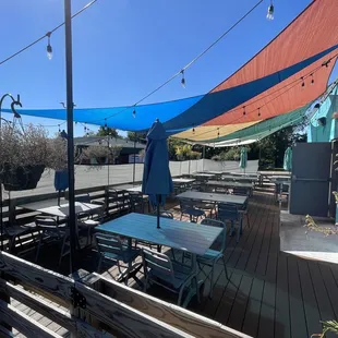 a patio with tables and umbrellas