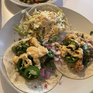 Three tacos - 2 grouper, 1 mahi-mahi.