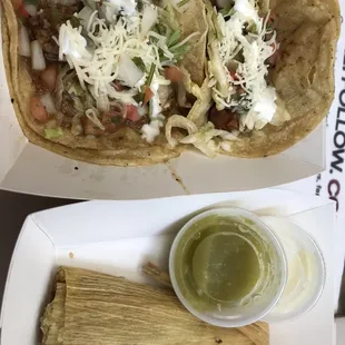 Tamale, chicken taco supreme, beef taco supreme