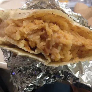 Inside the bean, cheese and rice burrito