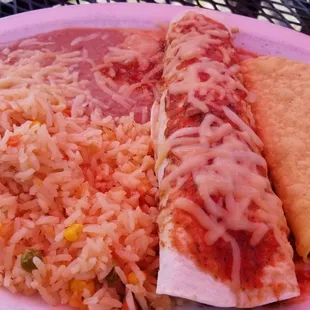 Burrito, taco, rice and beans combo platter