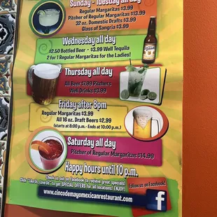 Weekly drinks specials