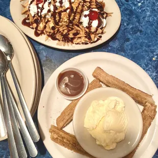 Fried ice cream (top) and churros with ice cream (bottom)