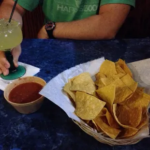 Chips and salsa! The salsa has a very minute bite- and the margaritas are greeeeaaaaaattttt!