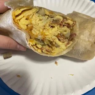 Bacon, egg, cheese, and potato breakfast burrito