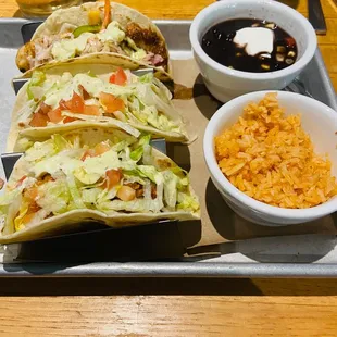 Fried and Grilled Shrimp Tacos with Rice and Beans