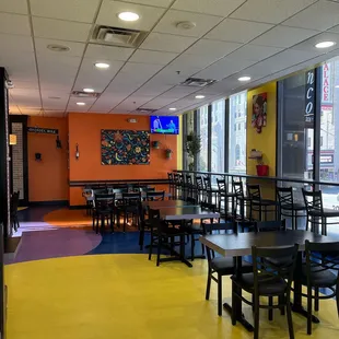 tables and chairs in a restaurant