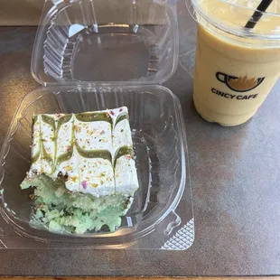 Pistachio milk cake with an Island Breeze smoothie :)